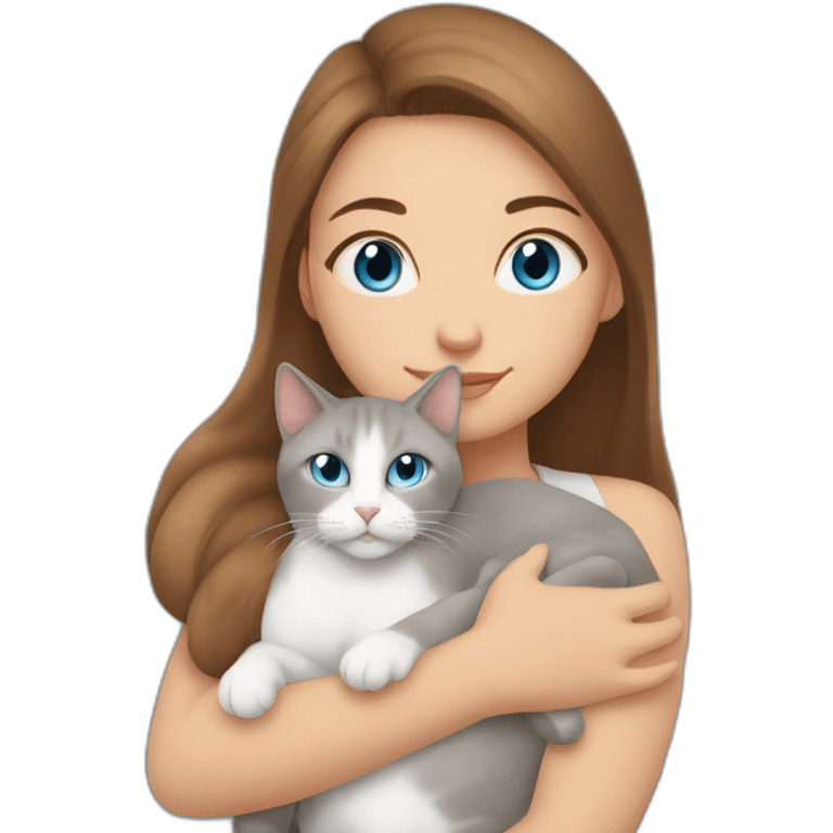 light gray, blue eyed cat cuddles brown highlighted colored girl emoji