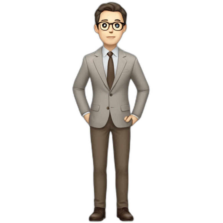 Full height Pale skinned Fit Man With dark brown hair in gray jacket, beige office shirt, tie, Brown pants and vintage glasses. Thrumbs of his palms directed up emoji