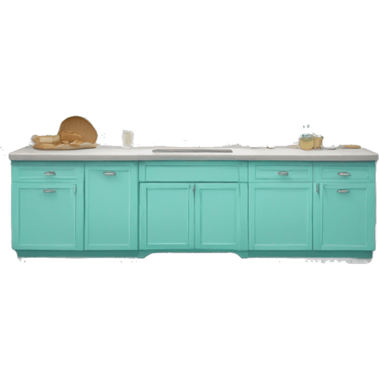 Realistic front facing tiffany blue kitchen counter and cabinet. emoji