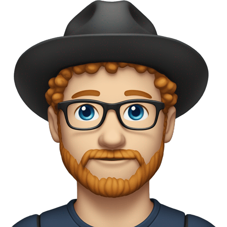 35 years old, male, short curly red hair, glasses, black hat, blue eyes, pale complexion, beard and mustache emoji