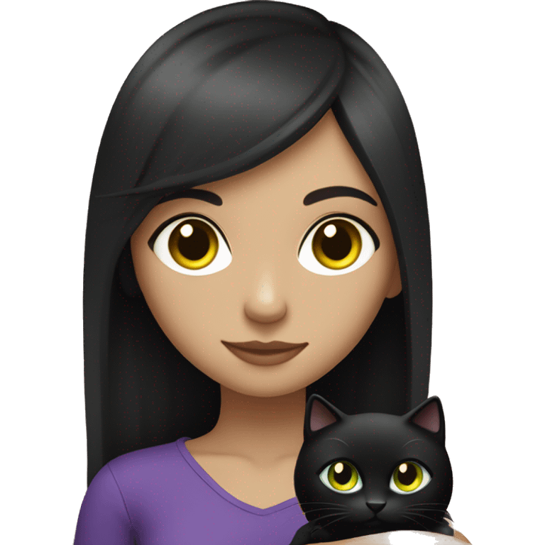 Fair skinned girl green eyes and long black hair, wearing purple and holding a black cat with yellow eyes emoji