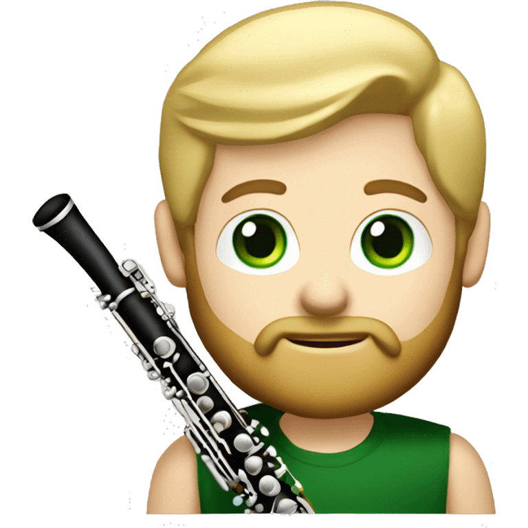 blond hair man with beard and green eyes, holding black woodwind instrument clarinet emoji