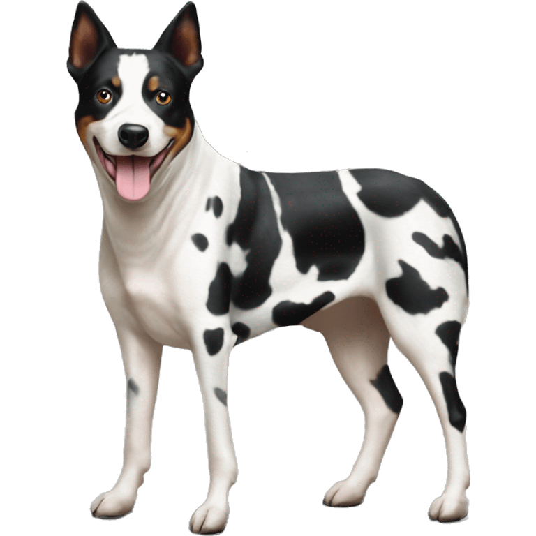 Black and white spotted Australian cattle dog with cows emoji