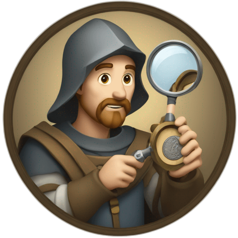 medieval coin collector, looking at a coin with a magnifying lense emoji