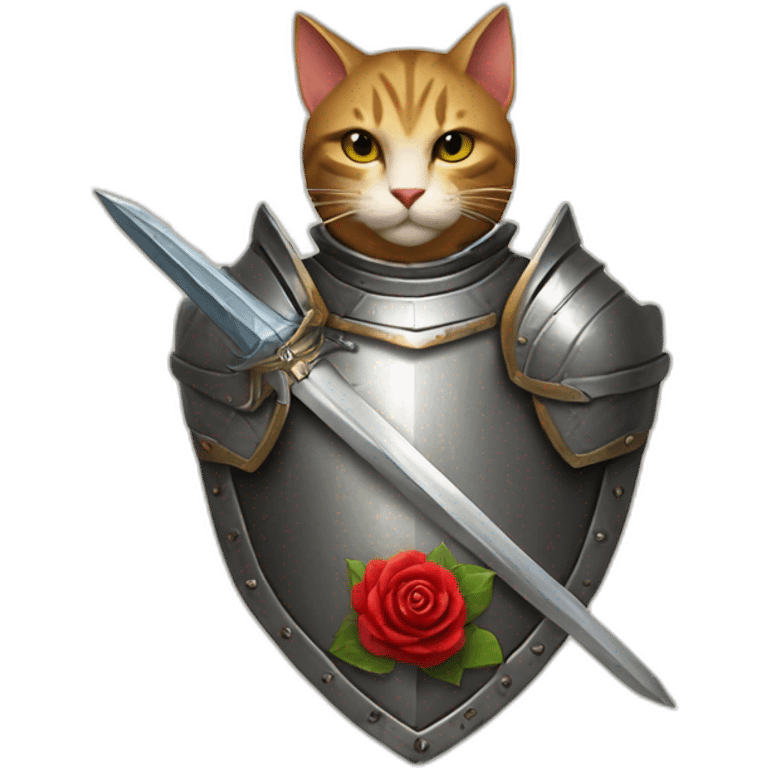 Knight cat-in armor- with a sword. On the shield is a rose and the sun. The sword looks like a helmet emoji