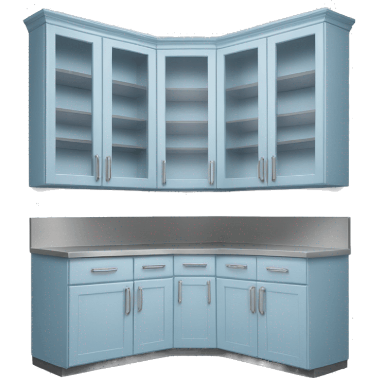 Realistic front facing powder blue and silver hanging kitchen cabinets. emoji