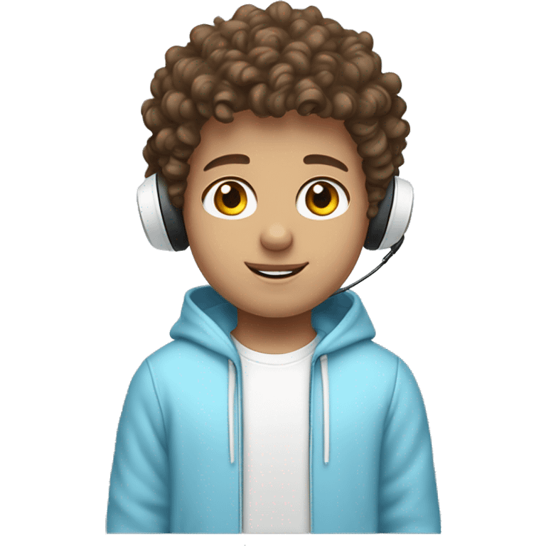 brown short curly haired brown eyed boy who is white and is wearing a white wireless headset and light blue hoodie emoji