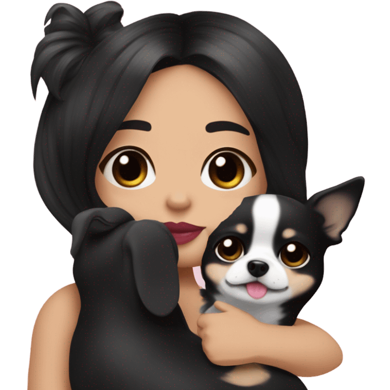 Thick medium black hair with black eyes and pink lip and pink cheek Filipino lady hugging black and white Chihuahua  emoji