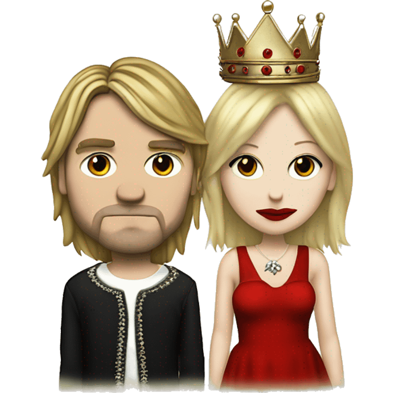 Kurt Cobain (no Beard, red and vlack sweater) and Courtney Love (White dress, crown, red lips) emoji