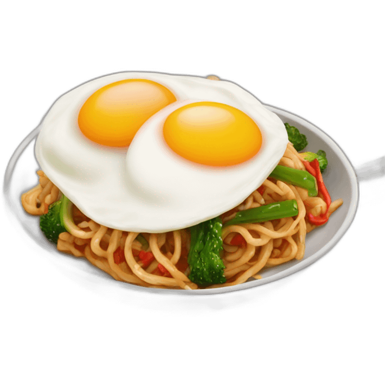 stir fry noodle with red sauce and egg fry on top emoji