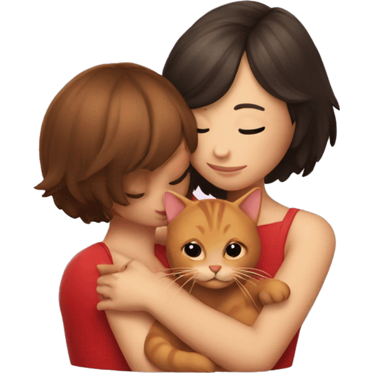 brunette girl with bob hair hugging red cat emoji