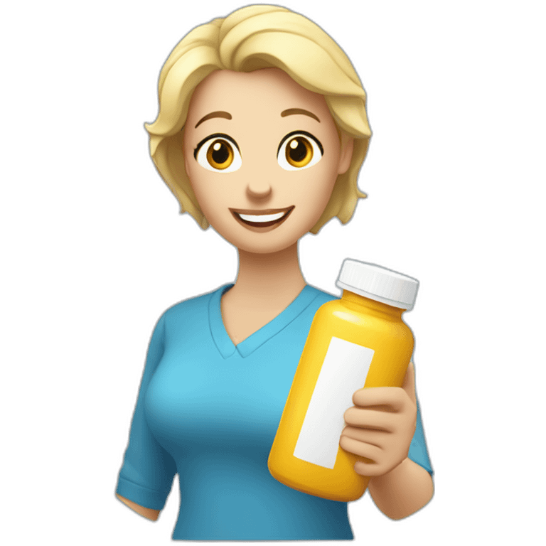 Happy blonde Mom holding pill bottle, short hair, blue shirt emoji