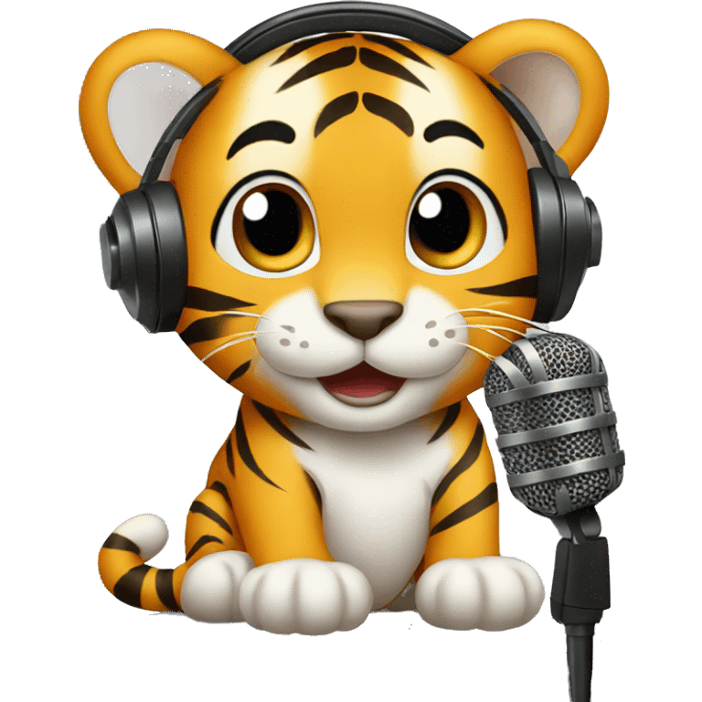 Baby tiger in audio studio with microphone emoji