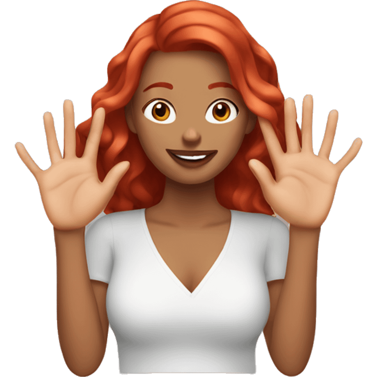 woman with red hair, showing off her hands to display a new manicure emoji