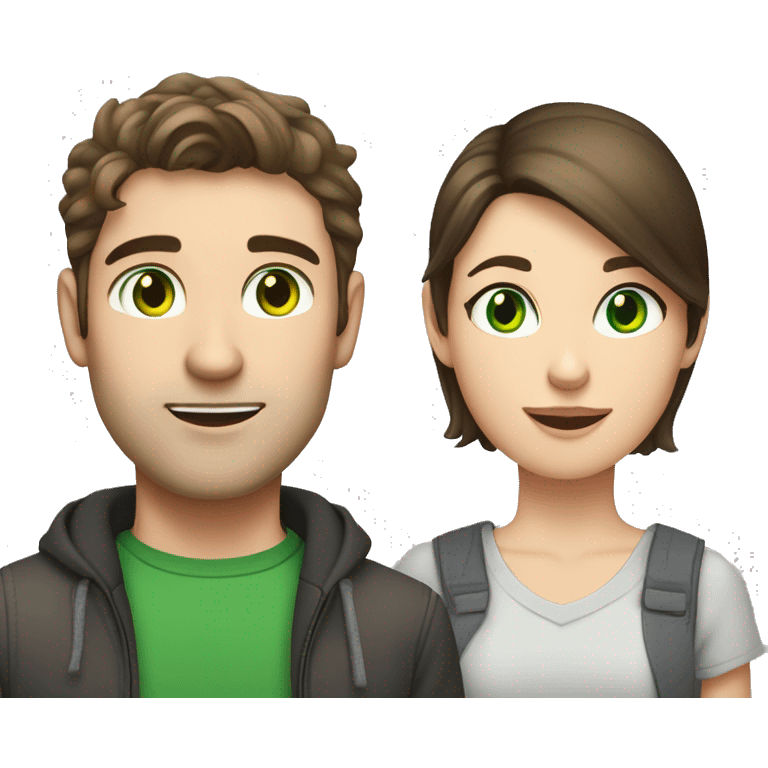 a brunette guy with fair skin and green eyes, next to him a brunette girl with fair skin and green eyes, and between them a gray tabby cat emoji