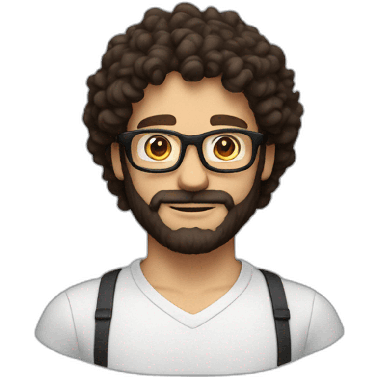 White man with brown eyes and dark curly hair with glasses and a beard like mario bros emoji