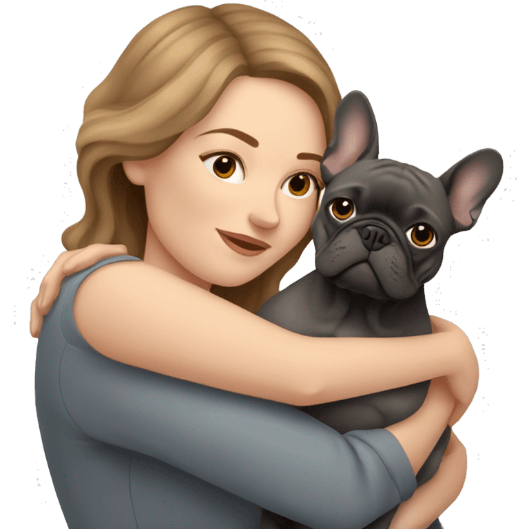 light brown hair woman hugging a dark gray french bulldog emoji