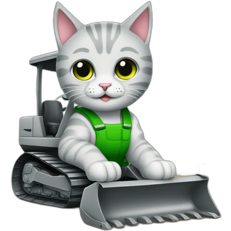 Gatito gris con ojos verdes sobre una excavadora emoji