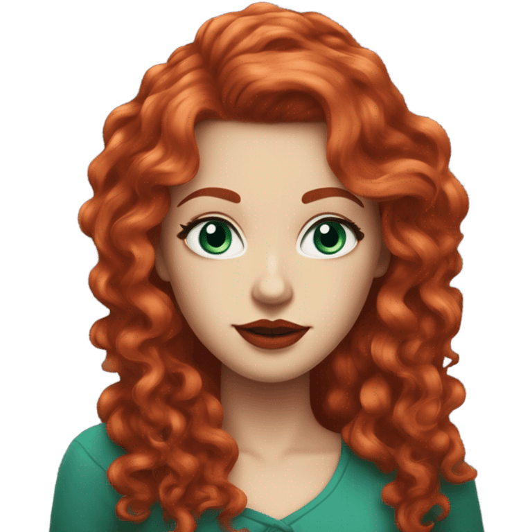 straight long curly red hair, tomato red lipstick, blue-green bright eyes, white skin and a very small sharp nose emoji