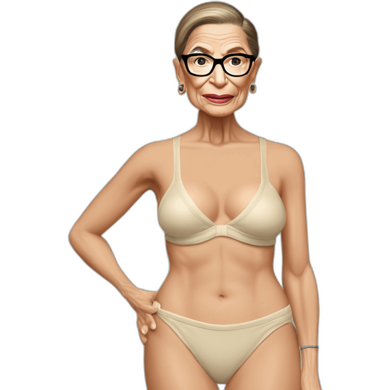 sexy ruth bader ginsburg wearing a string bikini bottoms bare chest (full body, ios17, facing away, looking over shoulder, cream colored bikini) emoji