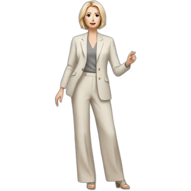 Full height Actively gesturing with hands pale skin woman with ash blonde Straightened bob Hair, White Spacious classical jacket, beige palazzo Arrow pants and gray blouse emoji