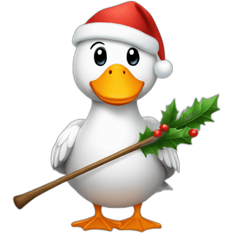 Goose wearing an Xmas hat and holding a stick emoji