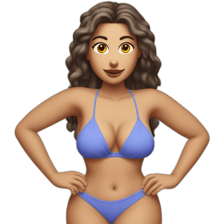 Slim-thicc Caucasian woman blues eyesbikini hands-in-hair pose (beach body) full body emoji