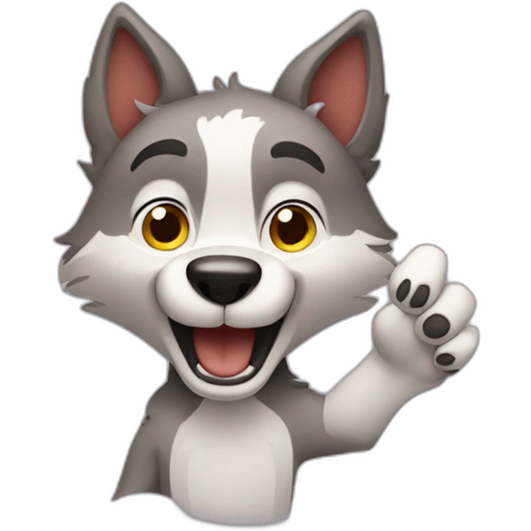 Cute cartoonish wolf waving it's paw emoji