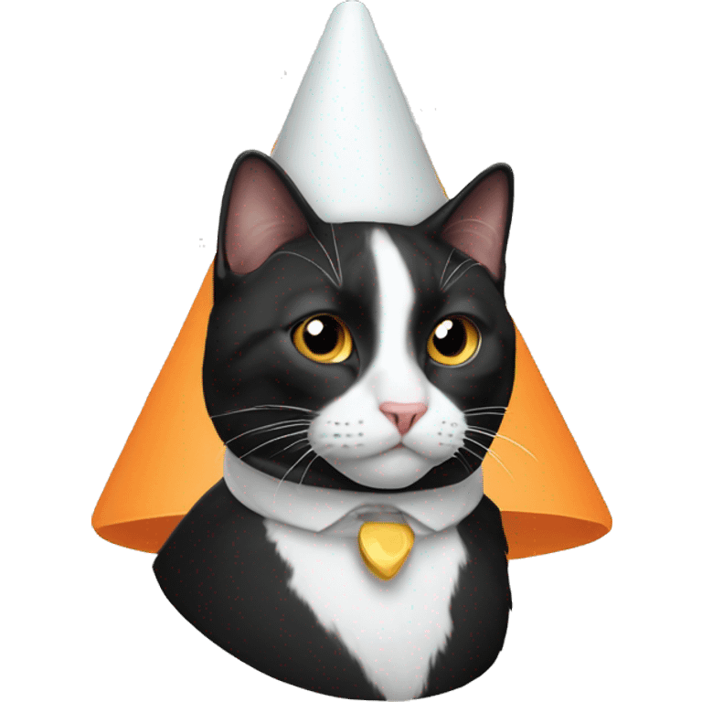 Tuxedo cat wearing cone emoji