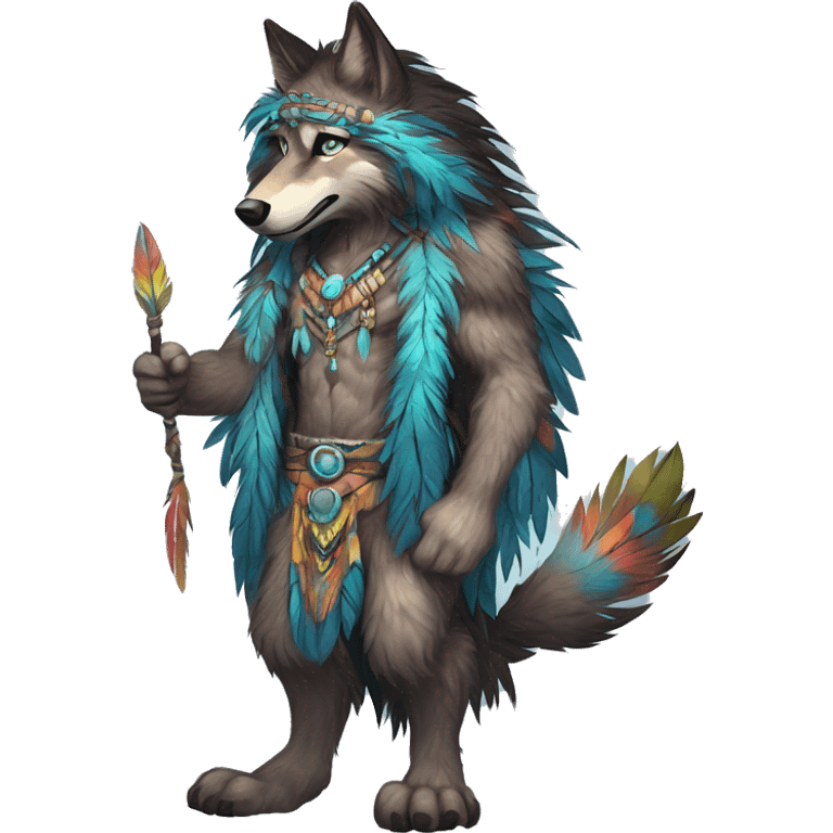 Anthro Fluffy Colorful Shy Spiritual Shamanic WereWolf-sona With Shiny Tribal Markings wearing feathers Full Body Detailed High Quality emoji