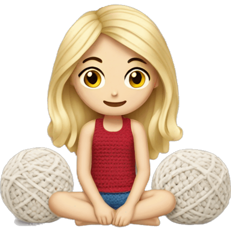 white blond Girl sitting doing crochet emoji