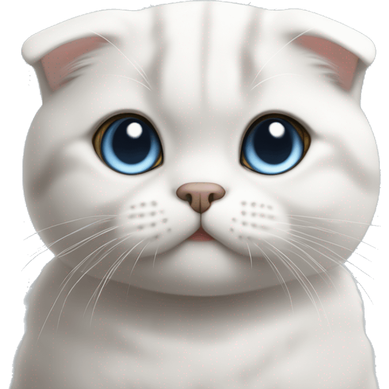  Scottish Fold cat with short white fur and blue eyes. It has a round face and smooth, silky fur. The cat’s expression is friendly, slightly playful, and exudes softness. emoji