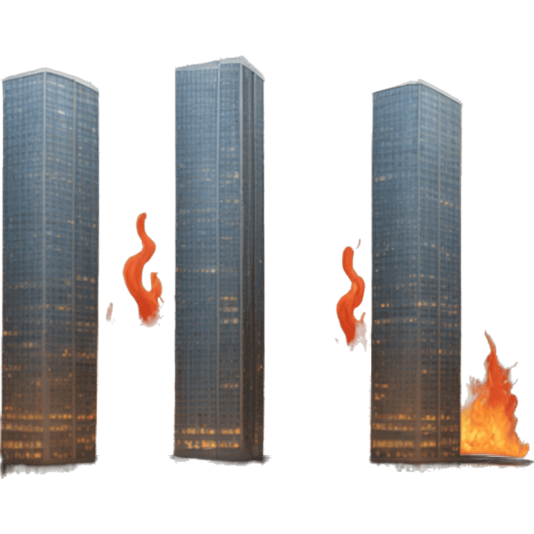 two identical skyscrapers, one on fire emoji