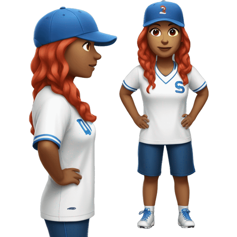 front facing standing up female coach with long red hair, wearing a white t-shirt and a simple baseball blue hat emoji