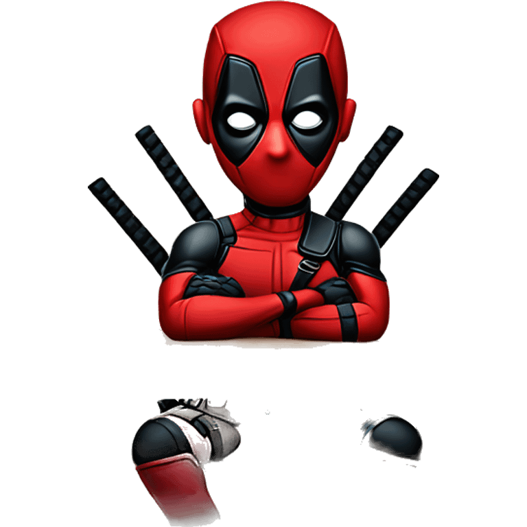 Cute Deadpool sitting at a desk, front view emoji