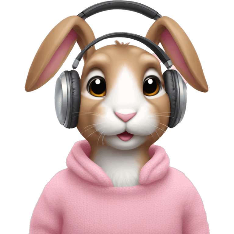 Bunny wearing white headphones and pink fur sweater emoji