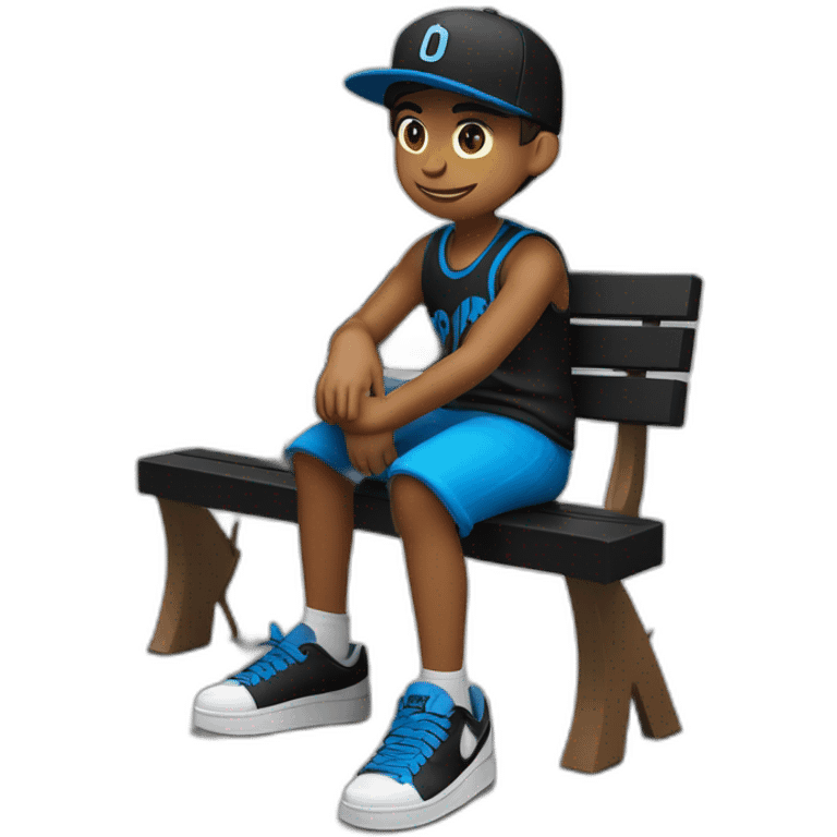 boy,in black , sentado en un banco, con gorra blanco y negro, zapato Nike color negro con azul, deportivo color de piel canela emoji