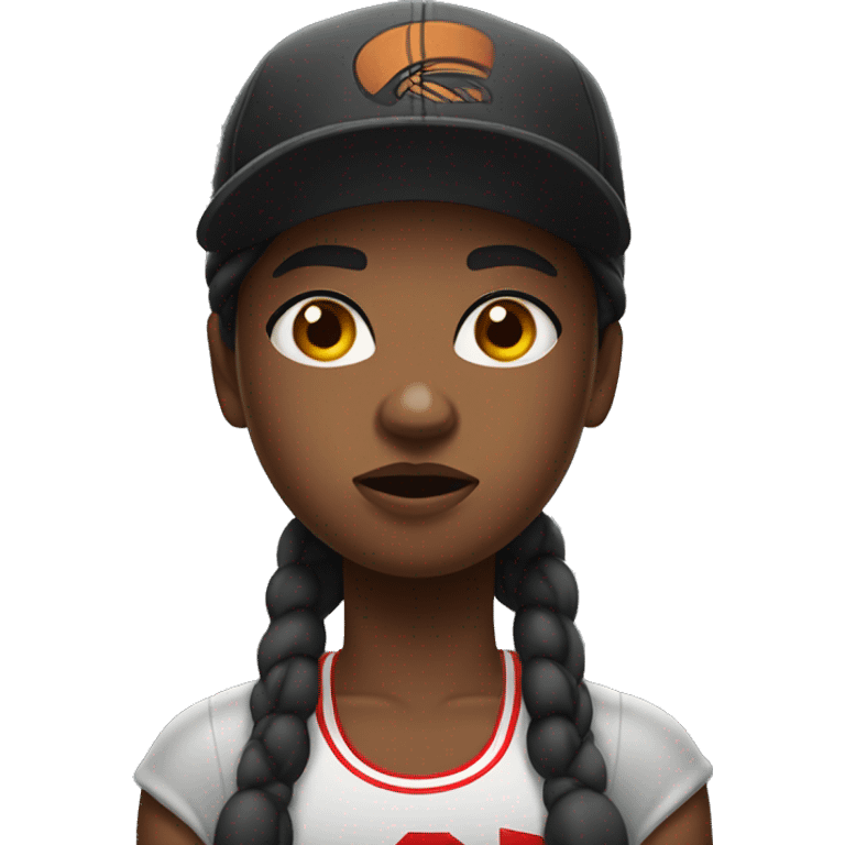 Heavy set masculine black girl with basketball shorts and cap and looks angry emoji