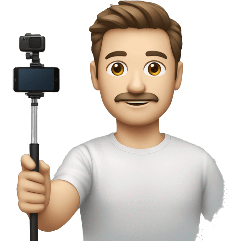 man brown hair, light skin, fine mustache, round face, cameraman with mobile phone and selfie stick. emoji