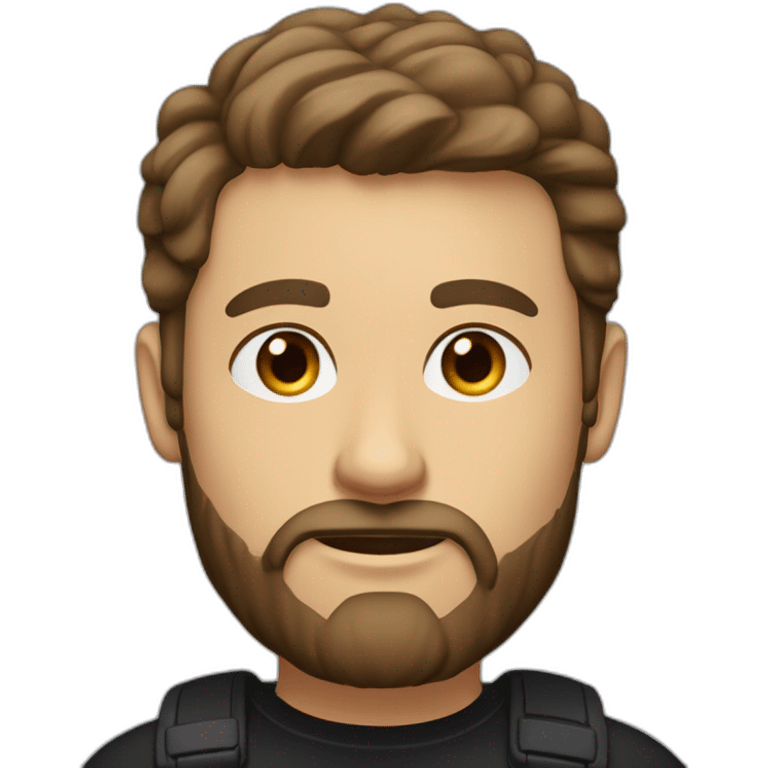 White man with a sun kissed tan and blue eyes. His hair is dark brown, styled sideways backwards. He has a beard and mustache trimmed. Wears a black t-shirt, Apple pencil behind his ear. emoji