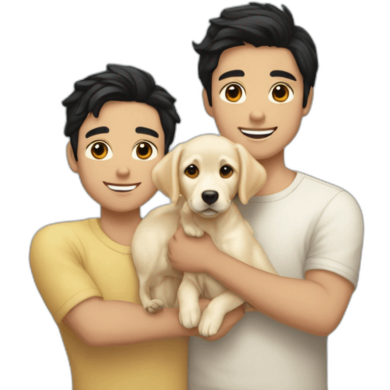 gay-couple,-1-guy-straight-blackhair australian-and-1-australian-white-guy-with-blackhair-slightly-curly-holding one light yellow labrador retriever puppy one labrador retriever puppy emoji