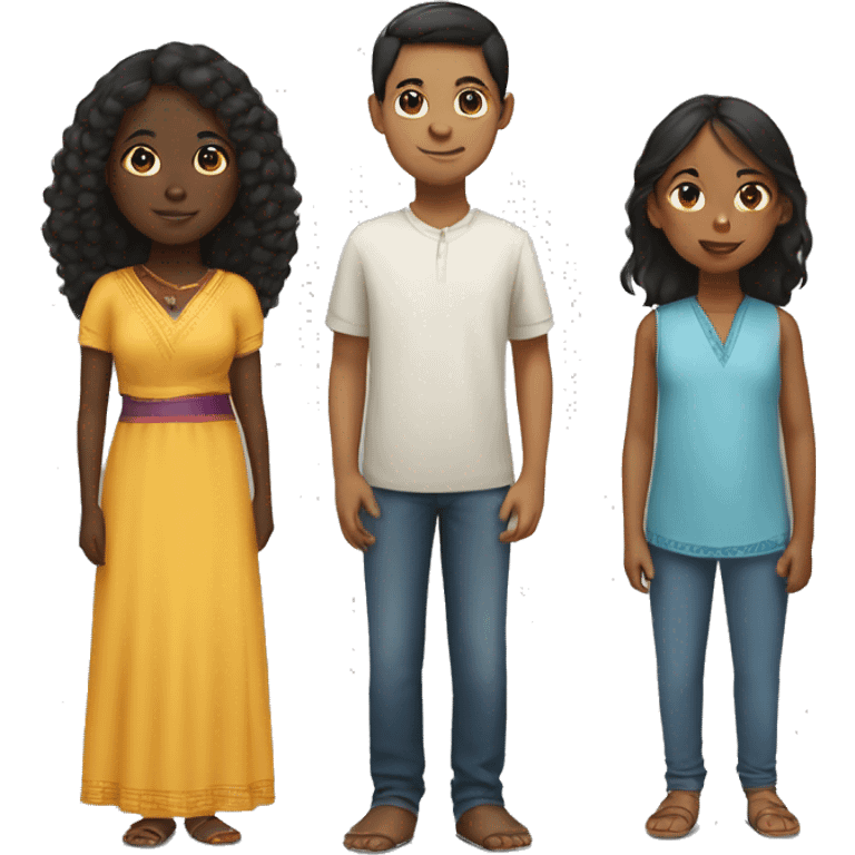 A black girl, a Chinese boy and an Indian girl emoji