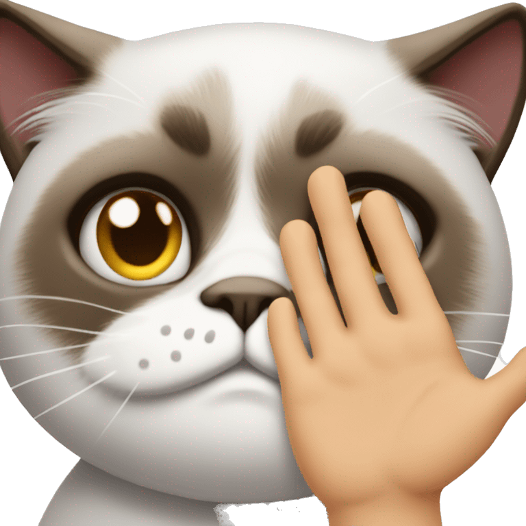 hand patting the top of a grumpy cat's head emoji