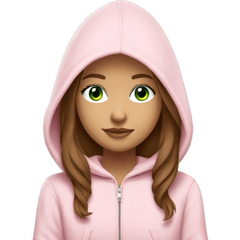 a girl with brown long hair, light beige skin, green eyes, is working relaxed at a modern laptop in a monochrome pale pink zip hoodie with a hood and a pink monochrome T-shirt emoji