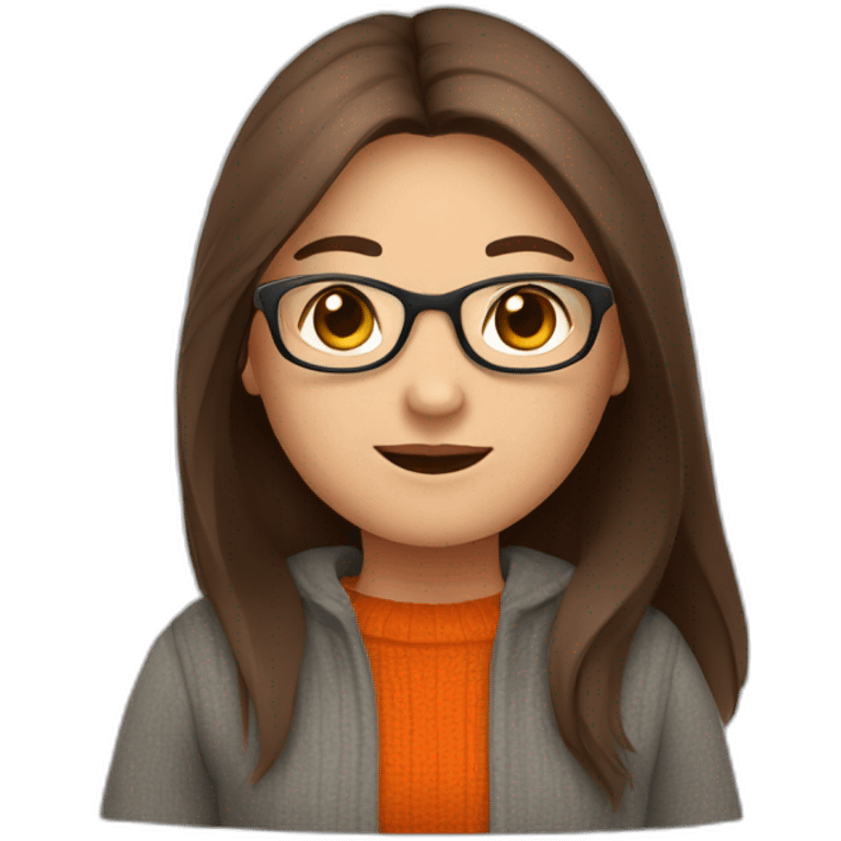 cute chubby girl with light grey glasses with long straight brown hair waving wearing a dark orange sweater emoji