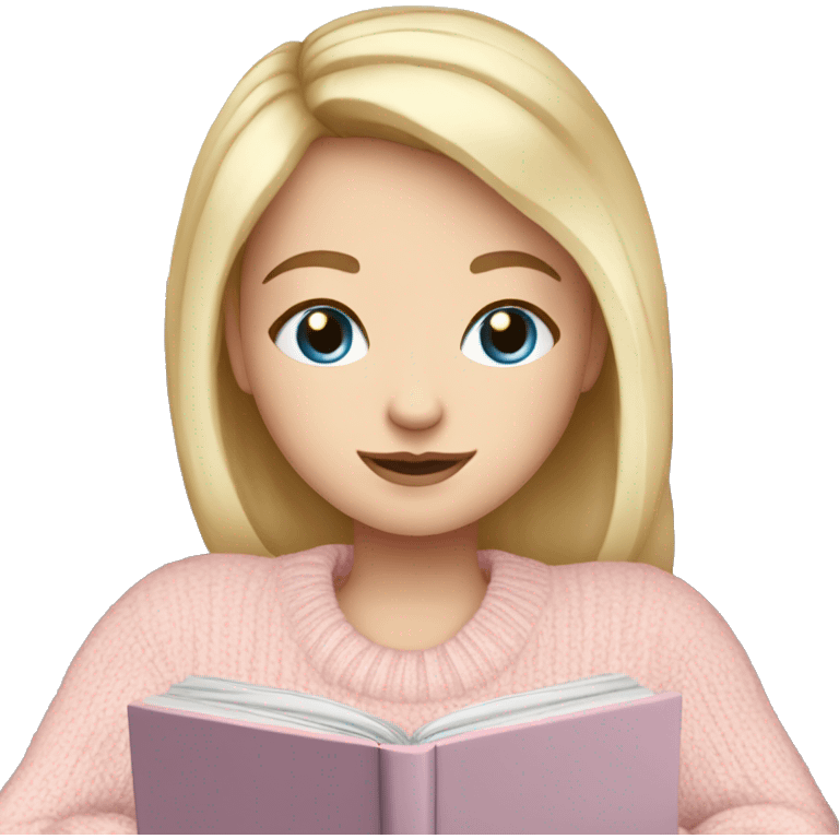 Pretty blue eyed white girl with light pink sweater reading cozy emoji