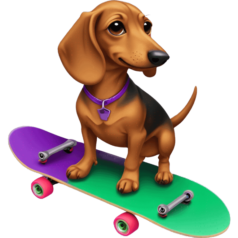 Brown and tan dachund on a green skateboard with purple flames  emoji