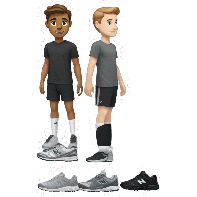 A white boy, a little tanned with brown hair, short and a little wavy, with New Balance 1906R Grey, white Nike socks, a black Nike running jogging and a black Under Armour t-shirt. emoji