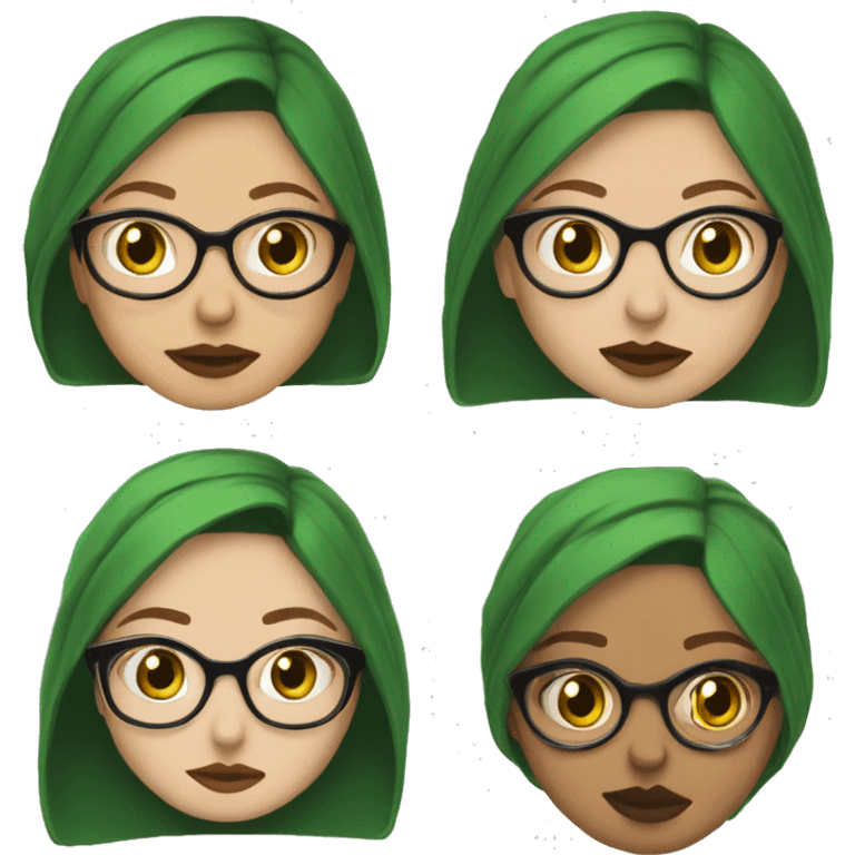 White girl in a green salwar kameez, glasses, piercing, red lips, nose ring, short hair black emoji