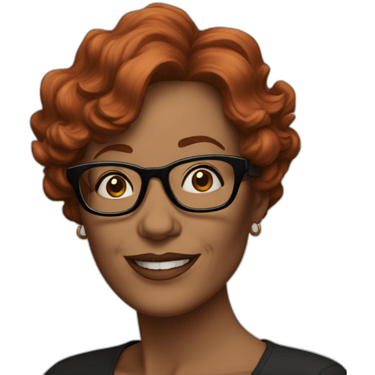 50-year-old woman with short wavy red hair, glasses, black frames holding a hanger emoji